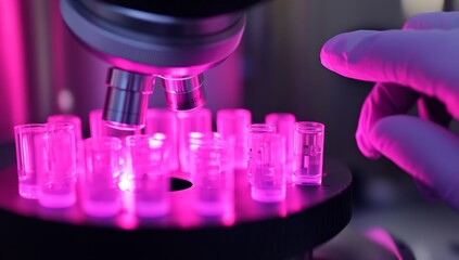 Scientist handling samples under microscope in lab