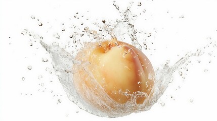 A peach splashing into water, creating dynamic droplets and ripples.
