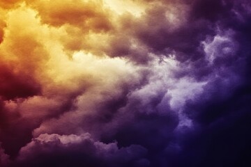 Yellow orange red purple violet blue clouds. Storm hurricane thunderstorm rain wind. Dark colorful dramatic sky. Flash glow light lightning.