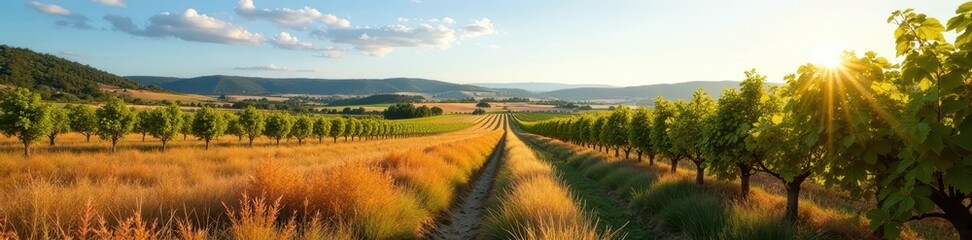 Naklejka premium Expansive panorama of colorful farmland with young currant bushes , foliage, healthy