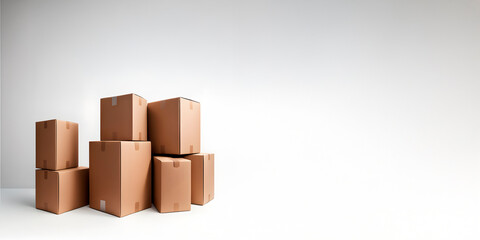 Obraz premium Conjunto de caixas de papelão para a mudança. Pilhas de caixas fechadas para transporte de objetos em fundo branco amplo