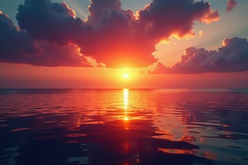 Obraz premium Fiery sunrise casts warm glow across tranquil sea; serene reflection , sunrise photography, image