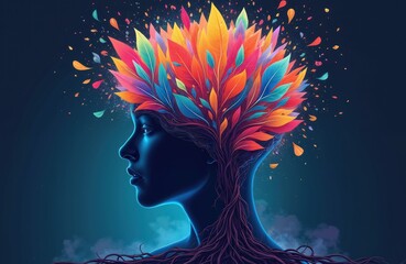 Illustration of female silhouette as tree with colorful leaves. Vivid colors depict imagination, creativity, intelligence, innovation, mind, intellect, perception. AI art demonstrates mental health,