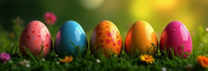 Festive Easter banner features delightful arrangement of pastel colored eggs nestled in fresh grass with blooming flowers.For seasonal promotions, this vibrant imagery captures essence of celebration.