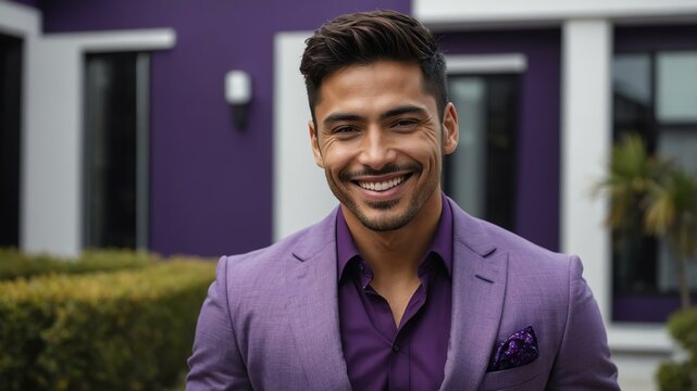 Good-looking hispanic guy front of purple themed elegant house on a business attire smiling
