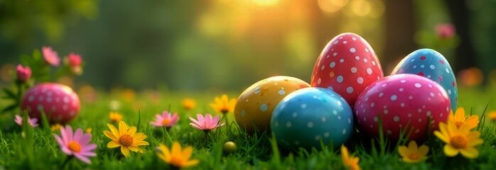 Festive Easter banner features delightful arrangement of pastel colored eggs nestled in fresh grass with blooming flowers.For seasonal promotions, this vibrant imagery captures essence of celebration.