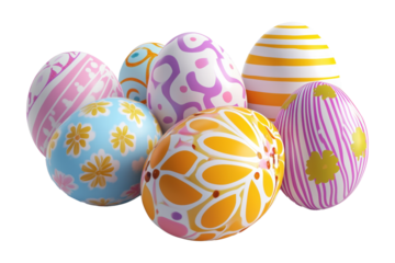 Vibrant Easter eggs with intricate floral and geometric designs in pastel and bright colors isolated on white transparent background, symbolizing Easter celebration
