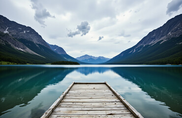 Breathtaking landscape where a rustic, wooden dock juts into a calm lake