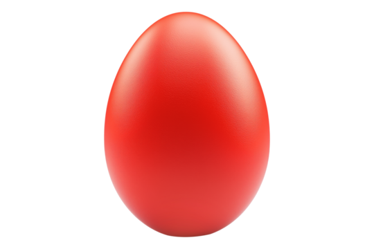 Bright red egg with smooth surface, isolated on white transparent background. Concept of Easter, food, fertility, and organic nutrition