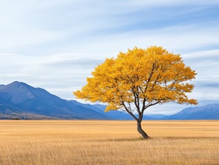 Obraz premium Vibrant yellow tree stands alone in a vast golden field under a blue sky