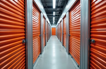 Indoor corridor of self storage units with red doors. Rental units for saving belongings. Warehouse industry concept. Property secure with lock. Commercial business of moving, relocation, urban