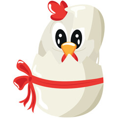 icon of a white rooster sitting in a white egg with a bow, design for Easter decorations