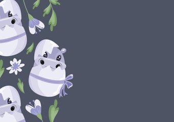 poster with an icon of a purple hippo sitting in a purple egg with a bow with purple flowers on a purple background, design for Easter decorations