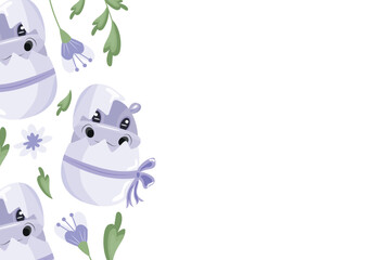 poster with an icon of a purple hippo sitting in a purple egg with a bow of purple flowers, design for Easter decorations