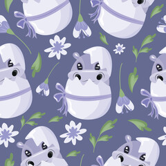 seamless pattern with icon of purple hippo sitting in purple egg with bow with purple flowers on purple background, design for Easter decorations