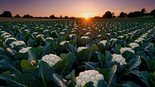 Cauliflower field at sunset with vibrant sky and lush green leaves. Agriculture concept