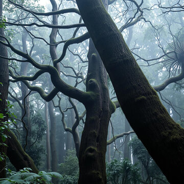 Contorted Ancient Forest Tree Trunks in a Misty Forrest
