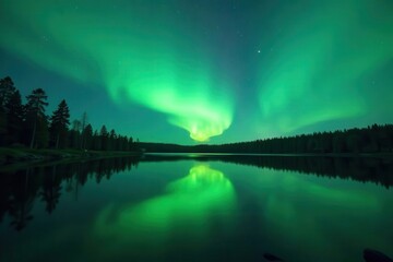 Emerald aurora borealis reflected in still, dark lake, vibrant, celestial