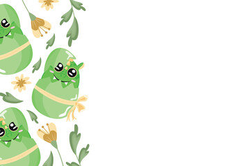 Fototapeta premium poster with icon of green dragon sitting in green egg with bow and yellow flowers, design for Easter decorations