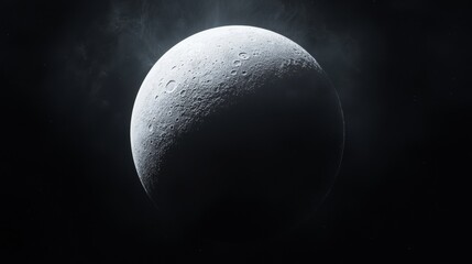 A large, white, rocky planet with craters and valleys.