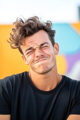 Fototapeta premium Young caucasian male with curly hair and playful expression in vibrant setting