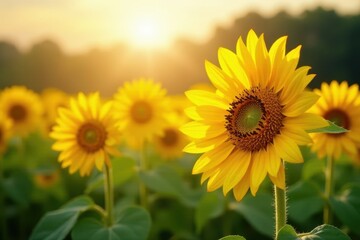 Obraz premium Golden sunflowers bask in bright sunlight, heads tilted east , radiant, landscape, yellow