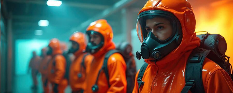 Emergency response team in orange hazmat suits inside facility, side view. Personnel handles radiation incident, demonstrates coordinated efforts. Emergency evacuation operation, safety protocol,
