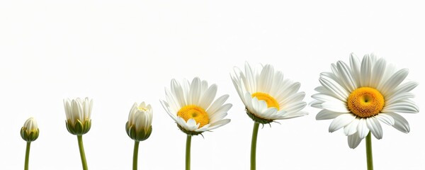 Growing blooming daisy on transparent background, life development stages concept. From bud to bloom, daisy flower life cycle. Floral banner, header about growth, transformation. Plant vegetal care,