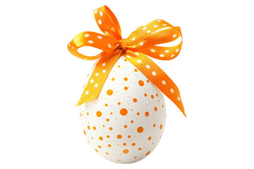White Easter egg with orange polka dots and matching ribbon bow, isolated on white transparent background. Concept of holiday decoration and celebration