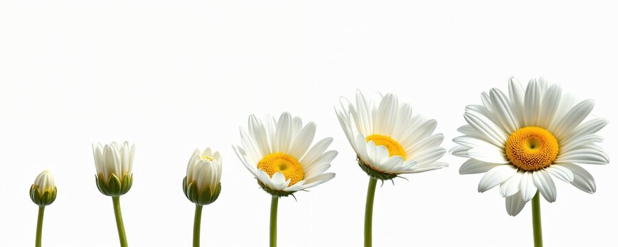 Growing blooming daisy on transparent background, life development stages concept. From bud to bloom, daisy flower life cycle. Floral banner, header about growth, transformation. Plant vegetal care,