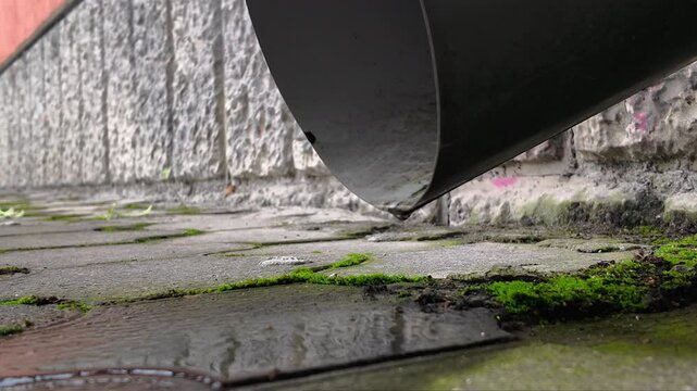 Drop of rain water drips from outside building drainpipe onto blind area close-up.
