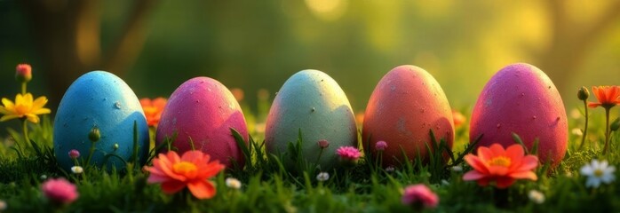 Bright, playful Easter banner with array of colorful eggs set against vivid green backdrop. This cheerful design is perfect for enhancing holiday spirit, attracting attention to seasonal promotions.