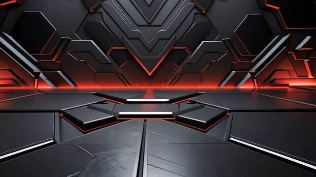 Futuristic, dark, and vibrant technology-themed platform.  Geometric shapes, metallic panels, and red lighting create a dynamic and powerful scene