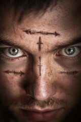 Naklejka premium Intense male gaze with symbolic facial markings and piercing blue eyes