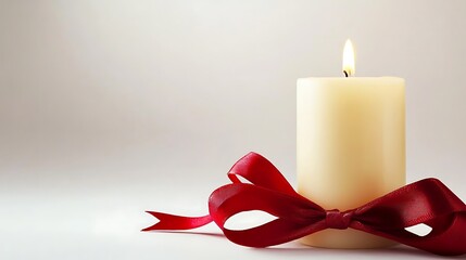 A lit candle adorned with a red ribbon, creating a warm and inviting atmosphere.