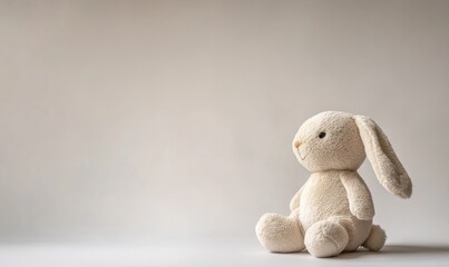 A white stuffed rabbit is sitting on a white background