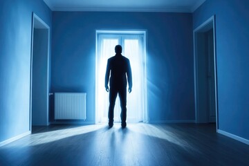Fototapeta premium Silhouetted male in brightly lit room facing window