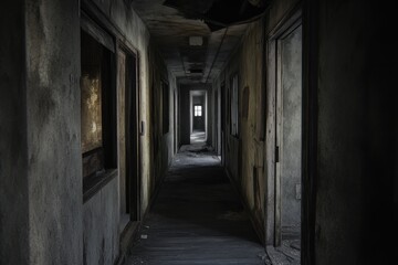 Obraz premium Eerie Abandoned Corridor with Dim Light at the End Haunting Atmosphere for Horror Mystery an