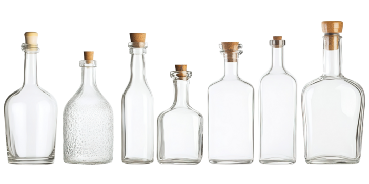 collection of  various glass bottles on white background. each one is shot separately. isolated on transparent background.