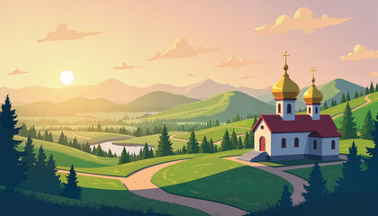 Naklejka premium Golden domes illuminated at sunrise over serene rural landscape, tranquility