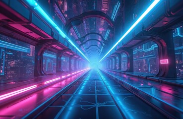 Fototapeta premium Futuristic neon hallway background. Sci-fi corridor with blue, purple lights. Modern technology abstract wallpaper. Digital cyberspace texture with geometric shapes, grid pattern. Concept of