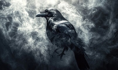 Fototapeta premium A black crow is standing in front of a cloud of smoke