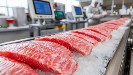 Fresh fish on a conveyor belt at a fish processing plant.
