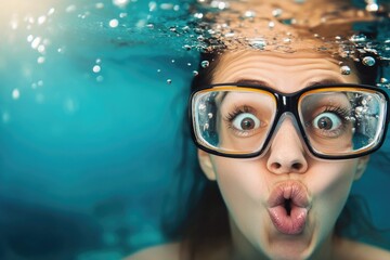 Fototapeta premium Young caucasian female making funny face underwater with glasses