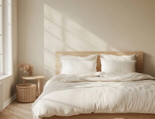 Bright, minimalist bedroom with natural light and warm tones.  Simple, light-colored bedding and wooden furniture creates a serene atmosphere