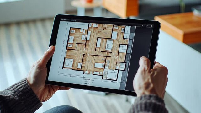 Architect reviewing a detailed house blueprint on a tablet for new construction project