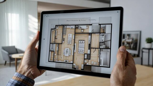 A man visualizing modern apartment floor plan on a tablet for home design ideas