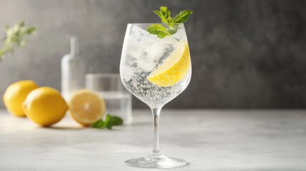 Fototapeta premium A glowing glass of sparkling lemonade adorned with a single mint sprig and a lemon slice on the rim