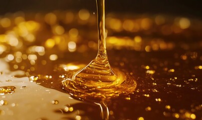 A stream of golden liquid is pouring out of a container