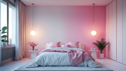 Aesthetic gradient white to pink themed bedroom interior concept